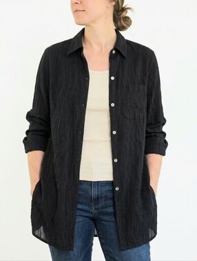 Anne Klein II Tunic Blouse Top USA UNION MADE Wavy Texture Black Button Front S